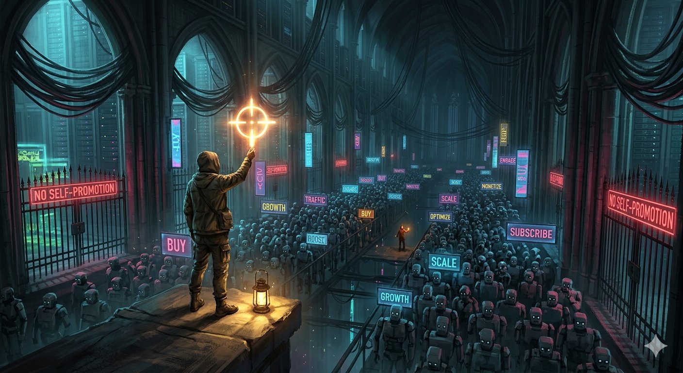 lone indie hacker broadcasting a surveyor’s-crosshair signal flare into a grimdark cathedral of the dead internet – a swarm of hollow-eyed ad-bots, one human ember answering, walled “no self-promotion” gardens, Warhammer 40k style