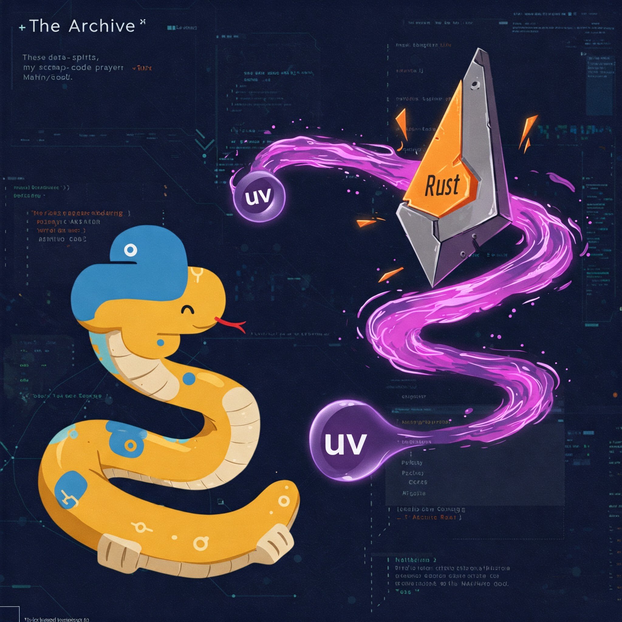 Create image illustration in anime style included python3’s snake, rust and uv (it’s new package manager for python written in rust)