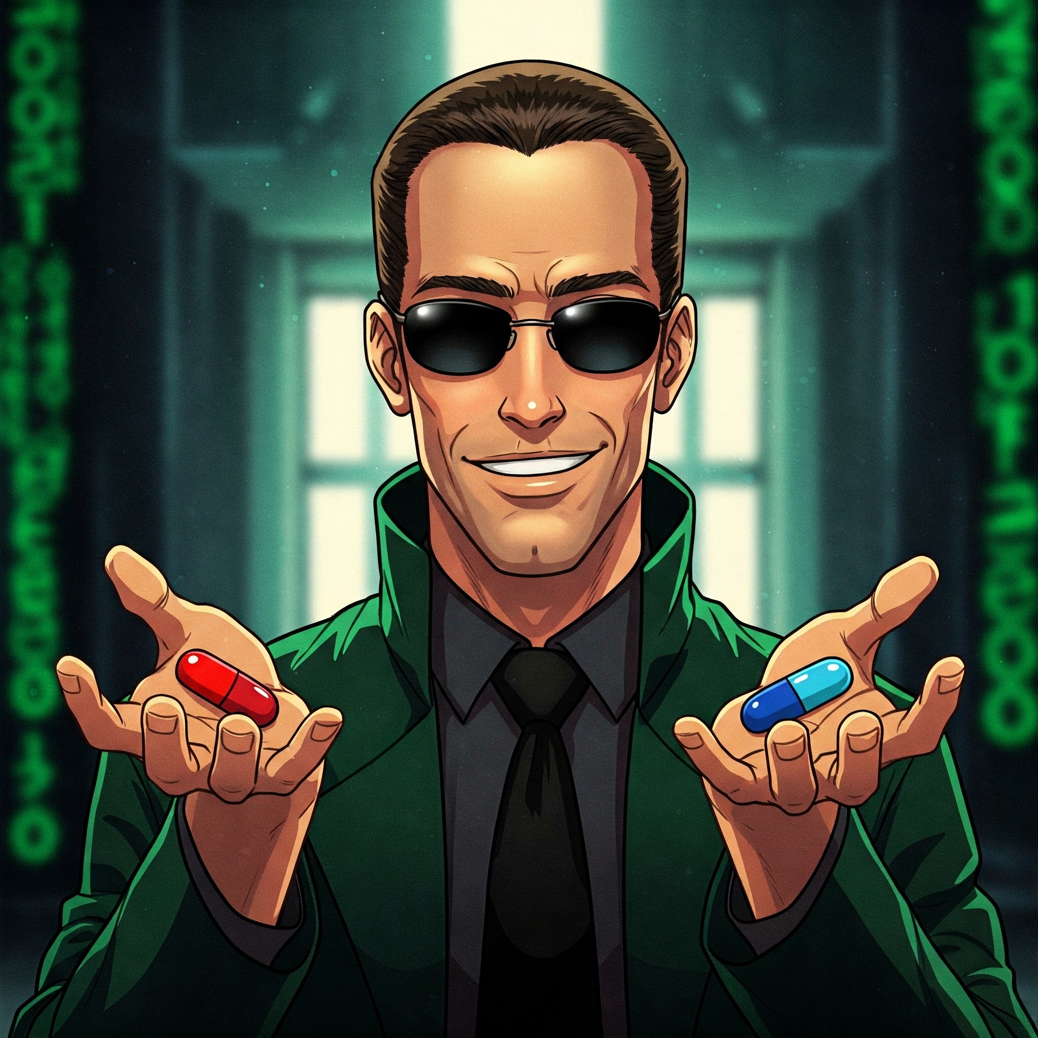 Create image illustration in anime style with Morpheus from Matrix suggesting you blue and red pills