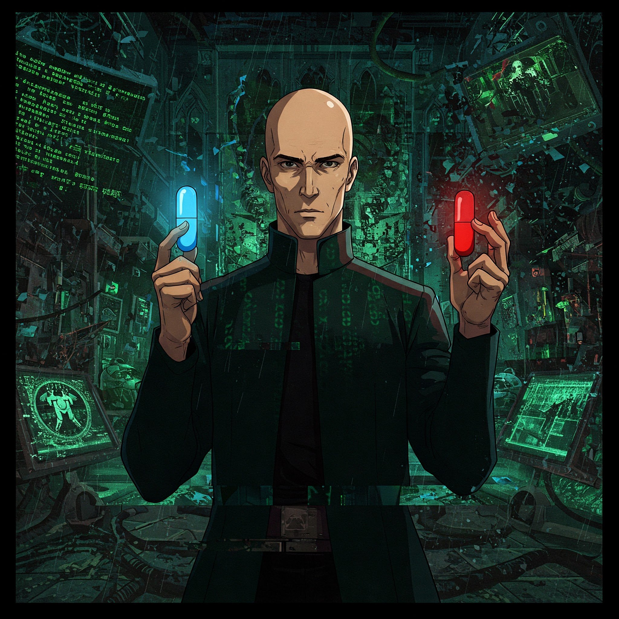 Create image illustration in anime style with Morpheus from Matrix suggesting you blue and red pills