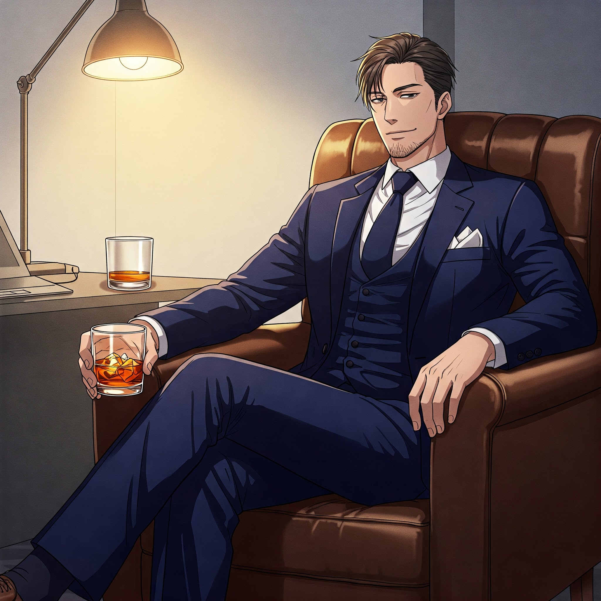 generate image in anime style where relaxed professional guy in blue suit sitting relaxed with wiskey