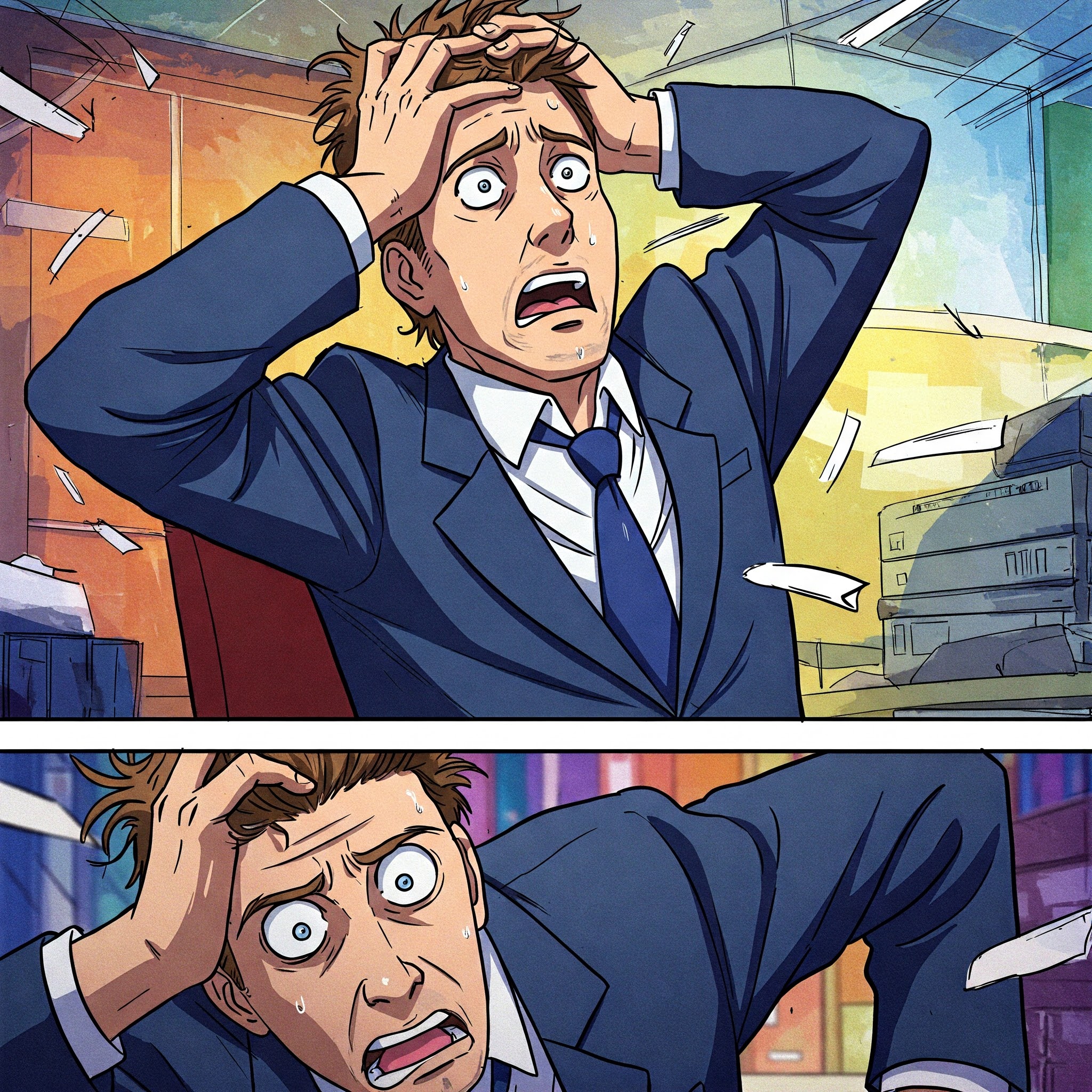 generate image in anime style where white collar in suit grabs his head because he realized that lost his reports