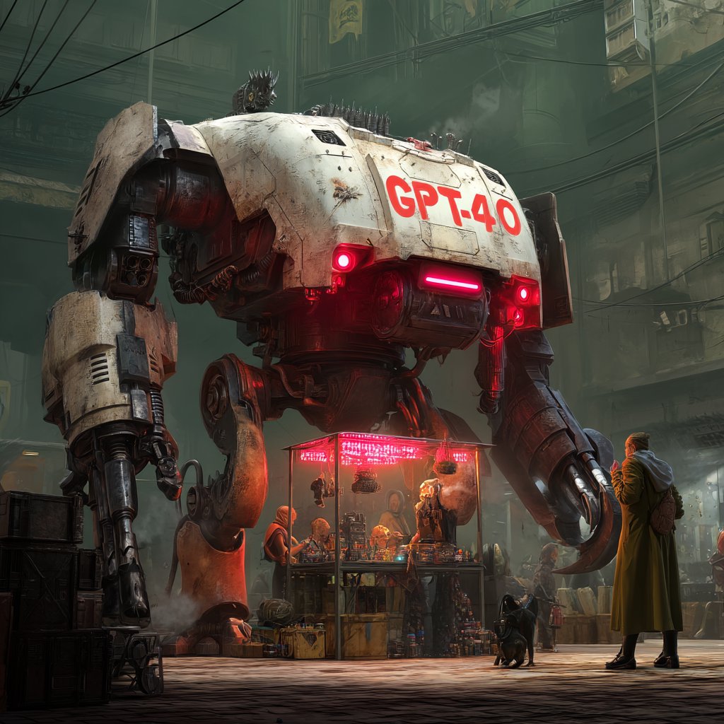 GPT-4o depicted as a corrupted Warhammer 40k Dreadnought