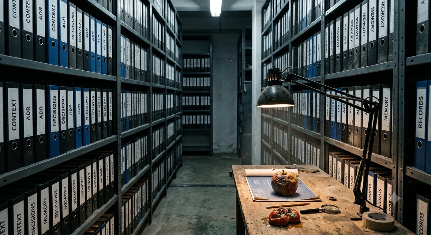 a cold archive room. A single small blueprint under a desk lamp on a
workbench, dwarfed by tall steel shelves of freshly printed markdown binders
labeled CONTEXT, ADR, DECISIONS, MEMORY. Dust settling on the shelves, no
librarian at the desk