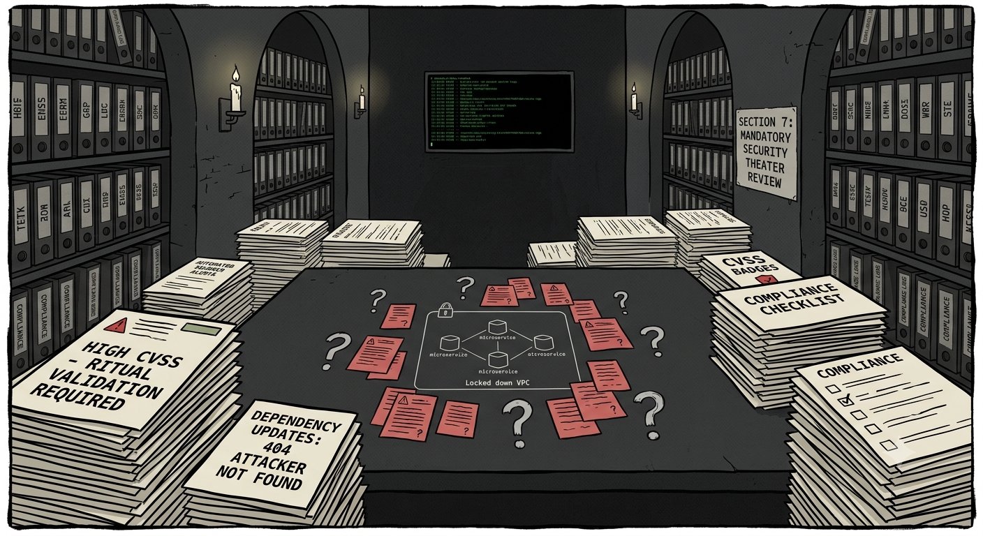 a dim bureaucratic engineering review room rendered like a grim technical cathedral. Automated scanner alerts, dependency update cards, CVSS badges, and compliance checklists are stacked like holy relics. In the center is an empty evidence table: no exploit trace, no attacker path, no threat model. A small network diagram of microservices inside a locked-down VPC sits nearby, surrounded by red warning slips and unanswered question marks